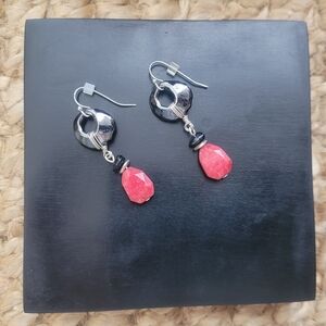 Chico's Gunmetal Hoop with Red Faceted Teardrop Stone Dangle Earrings